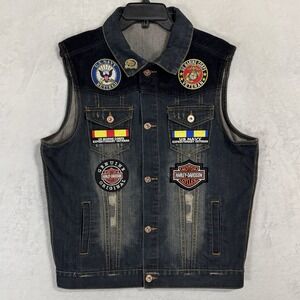 Retired Military Patchwork Denim Biker Vest Large Marines Navy Harley Semper Fi‎